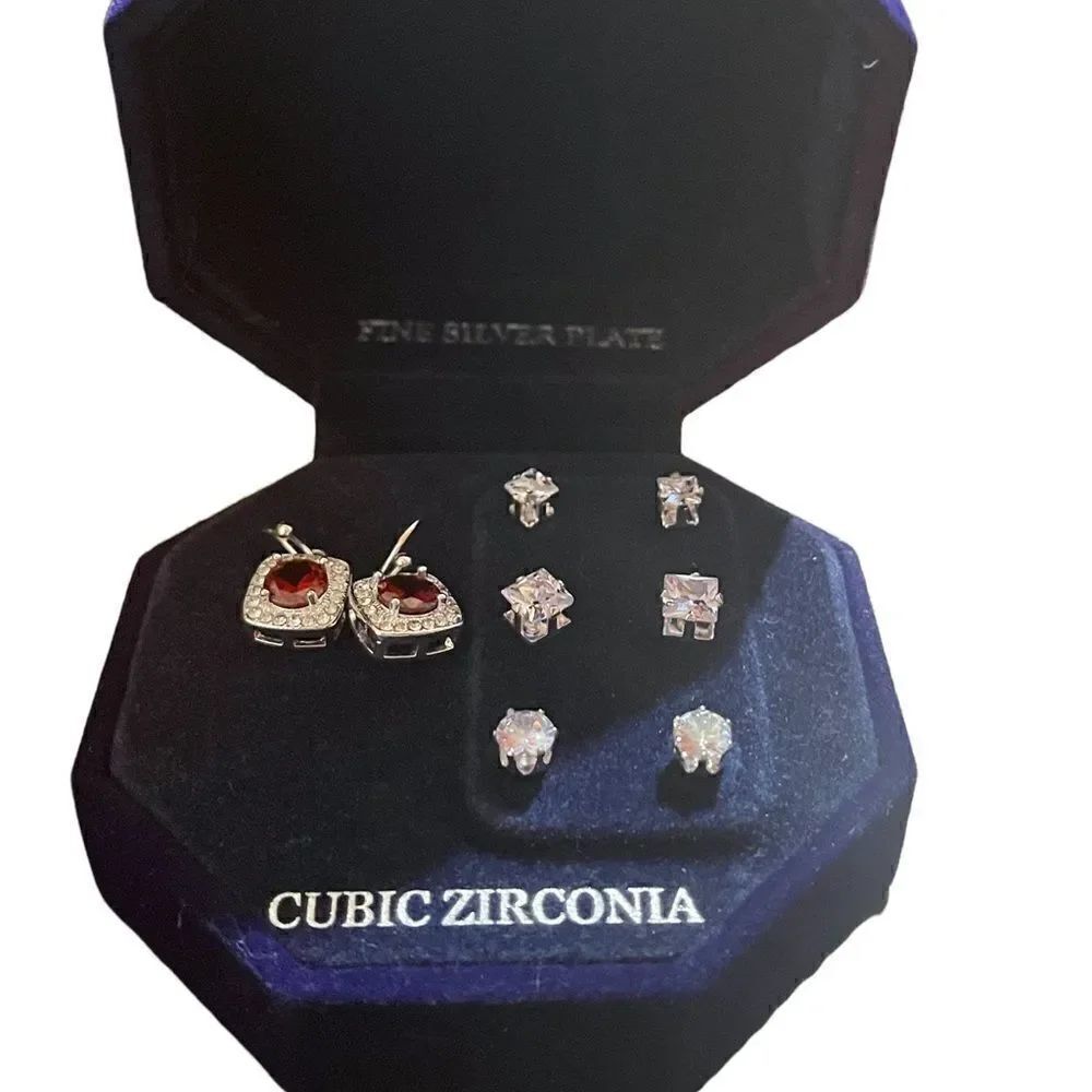 Silver Plate Cubic Zirconia Square red earrings and Stud Earring Set